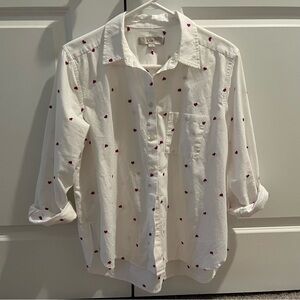 LOFT Button Up White Shirt with Pink Embroidered Hearts - size small loose fit